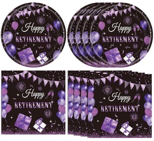 40PCS Retirement Party Decorations Purple Happy Retirement Party Decorations Supplies Tableware Plates and Napkins for Women Going Away Party Disposable Dinnerware Kit,Serves 20
