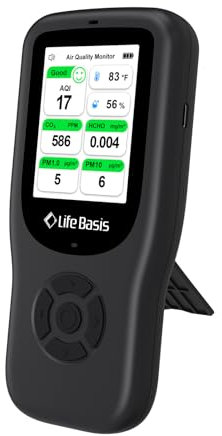 LifeBasis Medidor Calidad Aire 10 en 1 Detector de Gas Recargable con Soporte Medidor CO2,AQI, PM1.0, PM2.5, PM10, TVOC, HCHO, Partículas, Temperatura y Humedad para Hogar Oficina Escuela