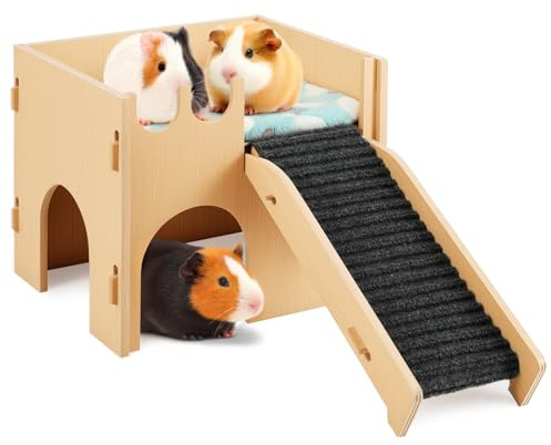Pawaboo Guinea Pig and Hamster House, 2-in-1 Guinea Pig Hideout with Stairs and Cushion, Sturdy Wooden Hamster Castle Easy to Assemble, Detachable Small Animal House Bed Hut Habitats with Ramps