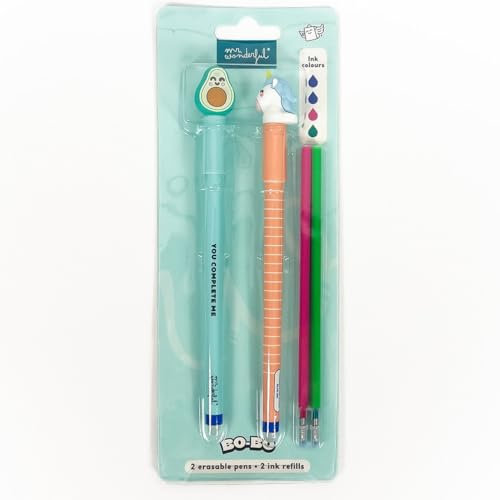 Mr.Wonderful - Set de 2 bolis borrables Bo-Bo + 2 recambios de tinta - Unicornio + Aguacate