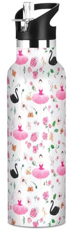 20oz Insulated Stainless Steel Water Bottle with Straw Lid for Cold or Hot Drinks, Cute Ballerinas Swans Flowers Pink Leak Proof Double Wall Vacuum Kids Cups Boys Girls
