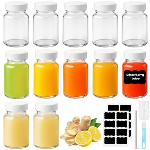 Ferenando 12 Bottiglie di Succo di Vetro da 2oz/60ML con Coperchio, Etichette e Pennello, Mini Bottiglie Vetro Riutilizzabile con Bocca Larga, Portatili Contenitori per Succhi di Frutta, Zenzero