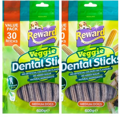 Reward Veggie Dental Sticks for Dogs | Natural Ingredients | No Artificial Colors or Flavors | No Added Sugar | Supports Oral Health | 2 x 30 Pack| 2x600g