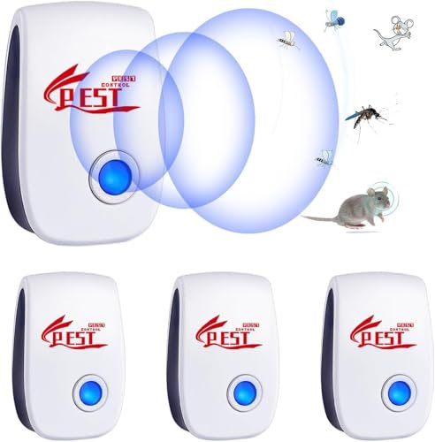 Répulsif Ultrason Anti-Rongeurs Insectes, 4 Pack Ultrason Anti Moustique Ultrason Souris et Rats, Intérieur Répulsif Électronique Insectes pour Souris, Rats Fourmis Araignées Moustiques