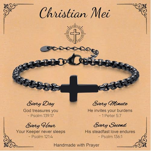 XUANPAI Cross Chain Bracelets for Men, Black Stainless Steel Cross Charms Men's Bracelet, Faith Religious Easter Catholic Christian God Jesus Communion Baptism Jewelry Gift with Card (Christian Mei)