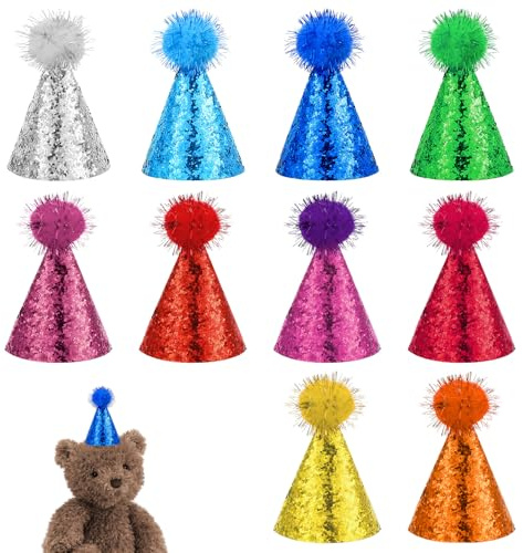 ADLABLD 10 mini sombreros de cumpleaños para juguetes de animales de peluche, sombreros de fiesta con pompones, mascotas, decoraciones de bricolaje, mini sombrero pequeño de perro, gato, sombrero de