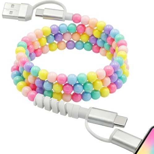 Atsidexa 4-in-1 Perlen-Ladekabel mit Geschenkverpackung, 60 W Schnellladung, MFi-zertifiziert, niedliches buntes Kabel, Geschenk für Mädchen, kompatibel mit iPhone, iPad, AirPods, Galaxy, Pixel und