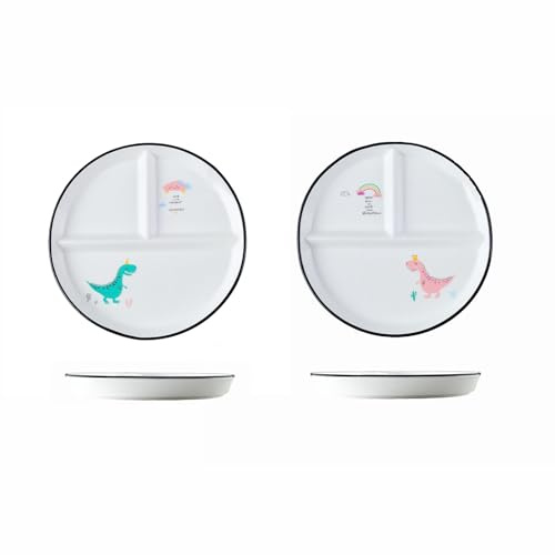 Hoshisea 2 Stück Geteilter Speiseteller Aus Keramik, Geteilte Diät Teller, Snackteller, Teller mit Unterteilung, für Erwachsene, Kinder,(Rosa, grün Dinosaurier)