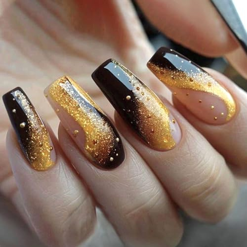 24pcs Coffin Press On Nails Glossy Stick On Black Acrylic Gold Glitters False Manicure Art Party Ready Nail