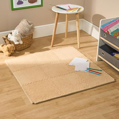 OHS 36 Piece Foam Baby Play Mats, Teddy Fleece EVA Foam Interlocking Floor Tile Soft Thick Comfortable Floor Tile Matting for Children Play Crawl Puzzle Mat for Baby, Natural - 30 x 30cm
