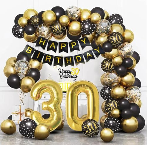 Luftballon 30. Geburtstag Schwarz Gold, Deko 30. Geburtstag, Luftballon 30, Bogen Luftballons Schwarz Gold, Geburtstagsdeko für 30 Jahre Mann Frauen