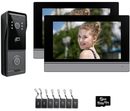 Sistema de videoportero de 4 cables para viviendas unifamiliares, cámara videoportero con monitor WiFi de 7 pulgadas, audio bidireccional, fácil instalación (1 campana + 2 monitor)