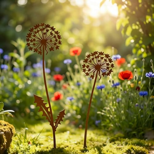 LingBaby Pusteblume Deko Gartendeko für Draußen Wetterfest Gartenstecker Frühlingsdeko Draussen 28cm - Metall - Blumenstecker Edelrost Löwenzahn - Balkon Deko, Gartendeko Rost