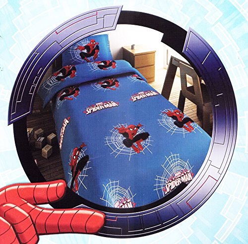 Bettwäsche-Set, Marvel Spiderman, für Einzelbett, Baumwolle, Leintuch oben und unten, Kissenbezug, Blau