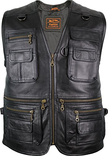 MDM Gilet en cuir nappa d’agneau souple pour homme, léger et confortable, nombreuses poches, 4 couleurs, Moto (FR/ES, Alpha/lettres, TG, Taille normale, Taille normale, Noir lisse)