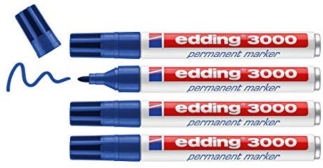 edding 3000 Permanentmarker - blau - 4 Stifte - Rund-Spitze 1,5-3 mm - schnell trocknender Permanent Marker - wasserfest, wischfest - für Karton, Kunststoff, Holz, Metall - Universalmarker