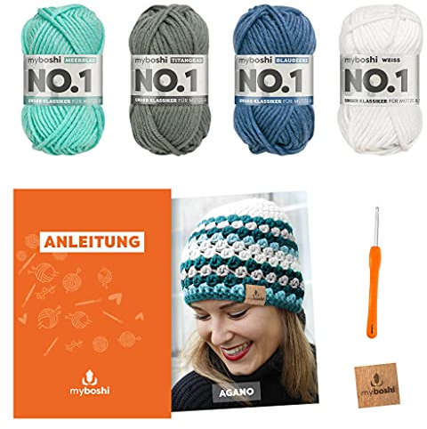 myboshi Häkelset Mütze Agano, inkl. No.1 Wolle, Nadel und Anleitung, für Mützen und Schals, Häkelpaket, 30% Merinowolle Blau, Weiß mit Häkelnadel