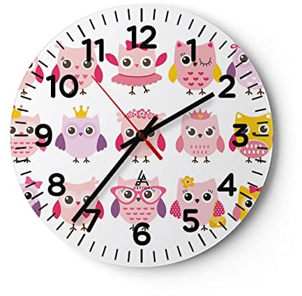 Modern Wanduhr Eule süß spaß Dekoration 40x40cm Rund Groß Wand Uhr Glas Analog Zimmeruhren Küche Büro Wohnzimmer Glasuhr Wall Clock Dekoration Design Wanddekoration Küchenuhr C4AR40x40-2845