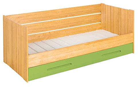BioKinder Lina Schlafsofa Funktionsbett Gästebett mit Matratzen-Bettkasten und 2 Lattenrosten aus Massivholz Erle und Kiefer 90 x 200 cm, Bettkasten grün lasiert