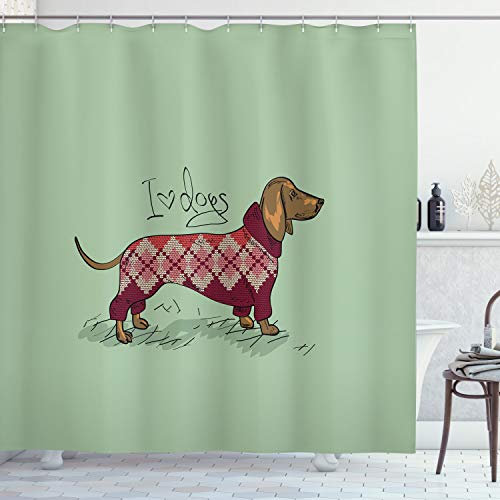 ABAKUHAUS Dackel Duschvorhang, Tier in Kleidung, Stoffliches Gewebe Badezimmerdekorationsset mit Haken, 175 x 240 cm, Pistaziengrün