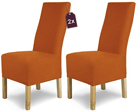 SCHEFFLER-Home Stuhlhussen Stretch Luna-Lang/Stuhlüberzug 2er Set Orange-Terra/elastische Flanell Stuhlabdeckungen/Stuhlhussen Schwingstühle/Spann-Bezug Stuhl Überwurf als eleganter Schonbezug