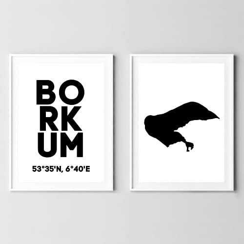 Din A4 Kunstdruck ohne Rahmen 2er Set - Borkum Koordinaten Insel Nordsee Silhouette Druck Poster Bild
