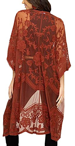 YouKD Cárdigan de encaje para mujer, vestido bohemio, largo, kimono, playa, salida de baño