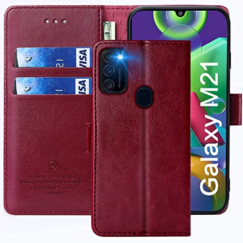 FMPCUON Hülle für Samsung Galaxy M21 Handyhülle [Standfunktion] [Kartenfach] [Magnetverschluss] Tasche Flip Case Schutzhülle lederhülle klapphülle für Samsung Galaxy M21 Rot