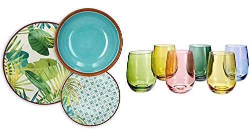 Tognana Jungle Servizio Tavola 18 Pezzi, Porcellana, Multicolor & N3585D70032 Set 6 Bicchieri Tulip Multicolor Cc 400, Vetro