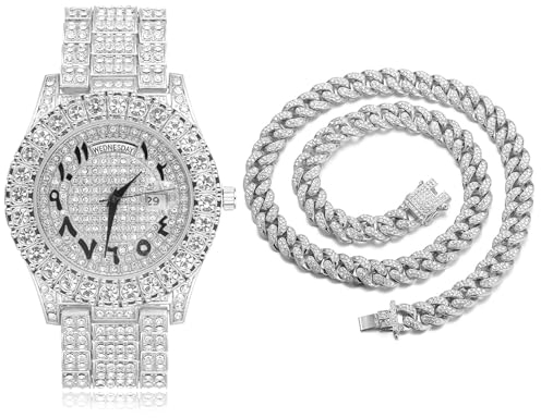 Halukakah Diamanten Gold Uhr Iced Out, Herren Römische Zahlen Platin Weißgold Vergoldetes Quarzarmband 24cm, mit Kubanische-Kette Halskette 45cm, Kostenlose Geschenkbox