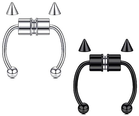 KOMUNJ Hufeisen Fake Nasenring, wiederverwendbare Mode Edelstahl Nasenring, für Frauen Männer Faux Piercing Schmuck (Silber, Schwarz)