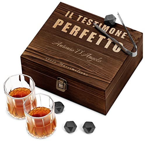 Maverton Set di Pietre da Whisky - cofanetto con incisione personalizzata - 8 cubetti di ghiaccio + 2 bicchieri - in granito - riutilizzabili - idea regalo uomo - testimone