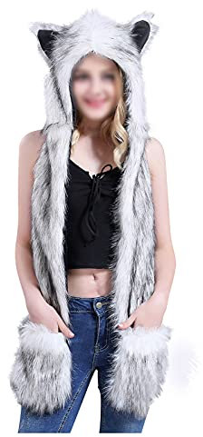 LUNULE Damen Fellmütze 3-in-1 Tiermütze Ohren mit Handschuhe Schal Tiere Bär Panda Wolf Paws Ohren Kapuzenschal für Damen & Herren Künstliches Fell Wintermütze mit Ohrenschutz Handschuhe Damenmützen