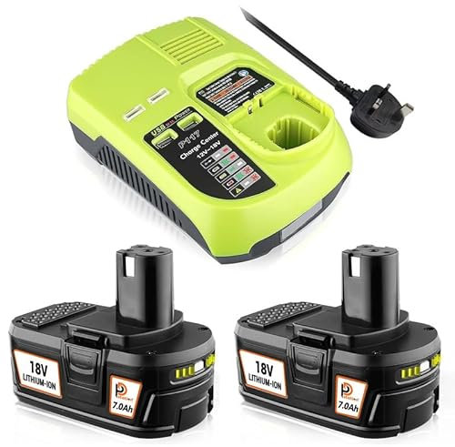 2 Pack 7.0Ah Li-ion Replacement for Ryobi battey 18V P107 P108 P122 RB18L40 & P117 3A Dual Chemistry Charger for One+ Plus NiCd/NiMh/Li-ion Ryobi battey P100 P108 P112 P200