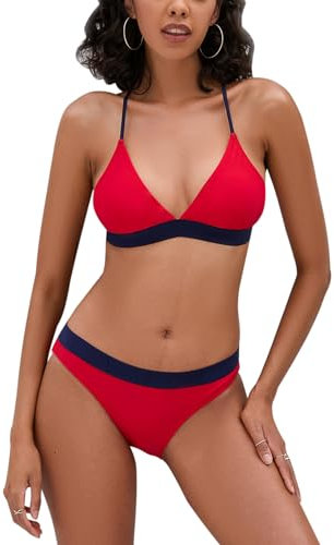 iSLASISIA Damen-Bikini-Badeanzug Criss Cross Back Triangle Bikini Tie Back Bikini Set Zweiteilige Badeanzüge (Rot + blau, EU40)