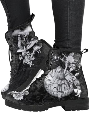 Minetom Damen Gothic Chelsea Boots Frauen Punk Stiefeletten Biker Boots Winter Knöchel Stiefel Mit Blockabsatz Gotisch Drucken Kurze Stiefel A1 Schwarz 40 EU