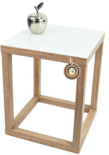 freeroom24, Beistelltisch, Wohnzimmertisch, Couchtisch, Coffee Table, Kaffeetisch, Blumenhocker, Blumensäule, Cube, Holzoptik Sonoma Eiche Nachbildung, Glas weiß, 40 x 40 x 40cm, Made in Germany