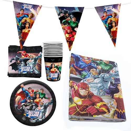 Party Factory « Justice League » Ensemble de vaisselle jetable, 10 gobelets, 10 assiettes, 20 serviettes, 1 nappe et 1 guirlande de fanions