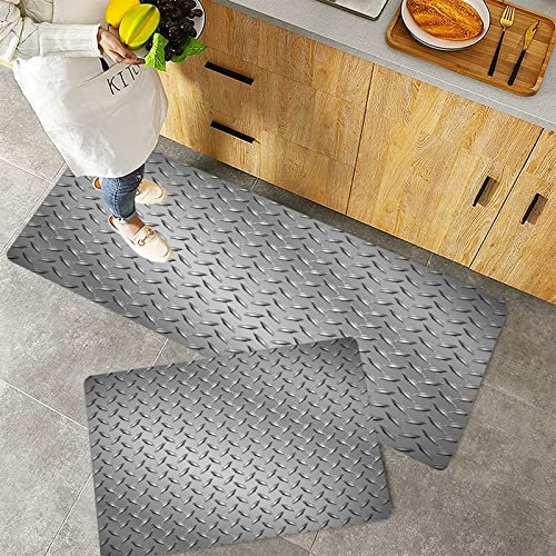Küchenteppich Teppich Läufer Küchenläufer 2 Stück rutschfest,Graues Drahtzaun-Design-Netzdisplay mit Diamantplatteneffekten Chrom-Kitsch-Motivdruck, Si, Waschbar für Flur Küche 40 x 100 cm+40 x 60 cm