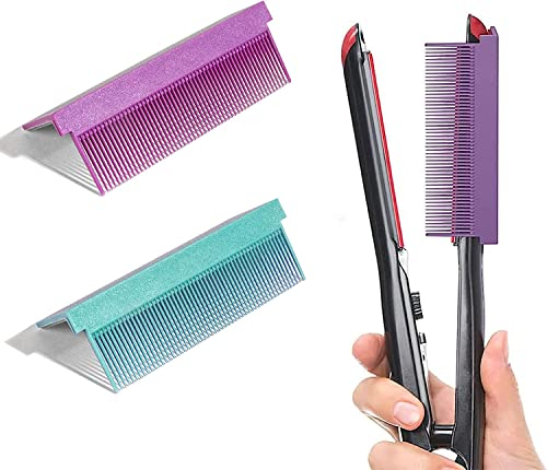 DonLeeving 2 Pack Barber Straightening Comb Attachment Hair Straightener Comb Women DIY Combs Accessories Fit Hair Straightening Flat Iron for Low and High Temperature (Purple+Green)