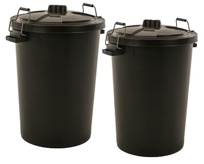 2 PACK - LARGE BLACK GARDEN DUSTBIN- 90L REFUSAL HEAVY DUTY PLASTIC WASTE BIN WITH CLIP LID