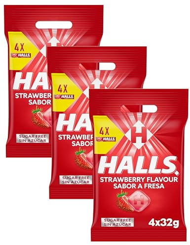 Halls - Caramelos Duros, Vita C, Sin Azúcar 4x32g, Fresa, 128 Gramo (Paquete de 3)