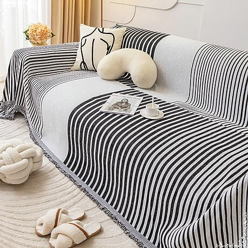 Mesnt Sofabezug Recamiere, Chenille Couchschutz für Haustiere mit Streifenmuster Schwarz, 180x320CM