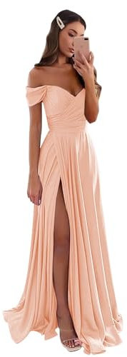 GODCUN Robe de bal à épaules dénudées pour femme - Robe de demoiselle d'honneur en satin - Longue robe de soirée formelle avec fente, rose, 42