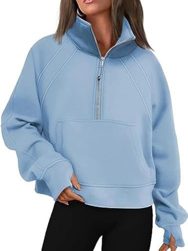 LAZIRO Damen Herbst Und Winter Einfarbig Halb-ReißVerschluss Kurzer Abschnitt Stehkragen Langarm Taschen Pullover
