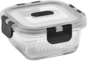 MasterPRO Goodies - Récipient alimentaire de 320 ml - Faire en verre borosilicate résistant - Tupperware Square avec un coup de pouce - Design élégant - micro-ondes approprié