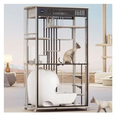 Katzenvilla Panorama-Katzenvilla, luxuriöses Katzenzimmer aus Glas, großer Katzenkäfig aus Holz, Katzenhaus, Katzenschrank, kann eine automatische Katzentoilette aufstellen Katzenhaus