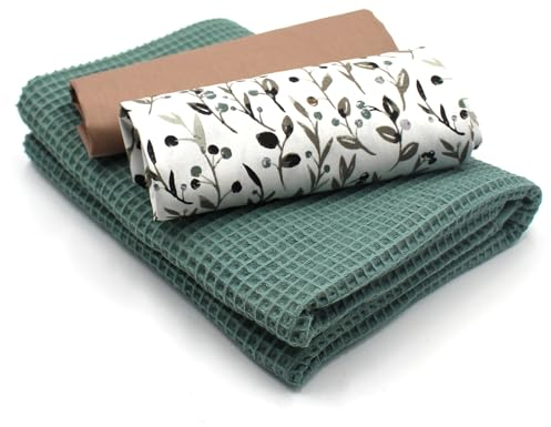 VmG-Store Waffelpique + Baumwollstoff Set farblich abgestimmt Waffel Stoff 100% Baumwollstoff Tex Standard 100 (Oliven Beeren Zweige Set11)