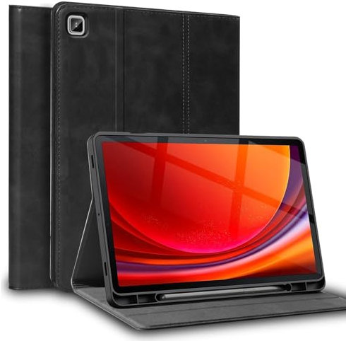 Gexmil Leder Hülle für Samsung Galaxy Tab A7 LITE 8.7 Zoll 2021 mit Stylus Halter,Automatischer Schlaf/Aufwachen, Echtes Leder Folio Cover Stoßfest,Einstellbarer Ständer,Anti-Fingerabdruck, Schwarz