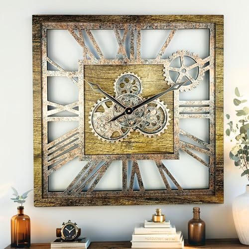 ImprovingLife The Gears Clock 61 cm (24 Zoll) quadratische Wanduhr mit echten beweglichen Zahnrädern, Vintage Industrial, übergroß, rustikales Bauernhaus (Gold Antik)